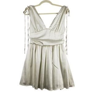 Romantic Size S Plunge‎ Neck Ruched Satin Mini Dress White Etheral Fairycore